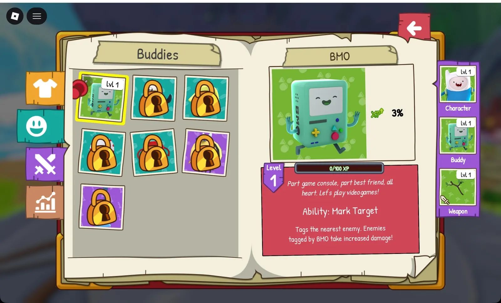 Adventure Time RPG BMO equipped in Finn’s buddy slot