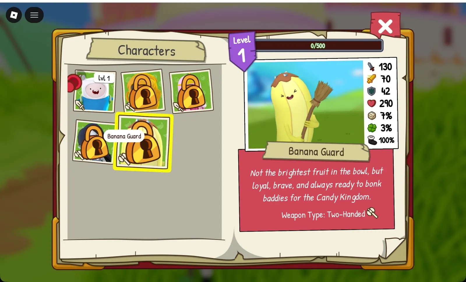 Adventure Time RPG Banana Guard character card, locked