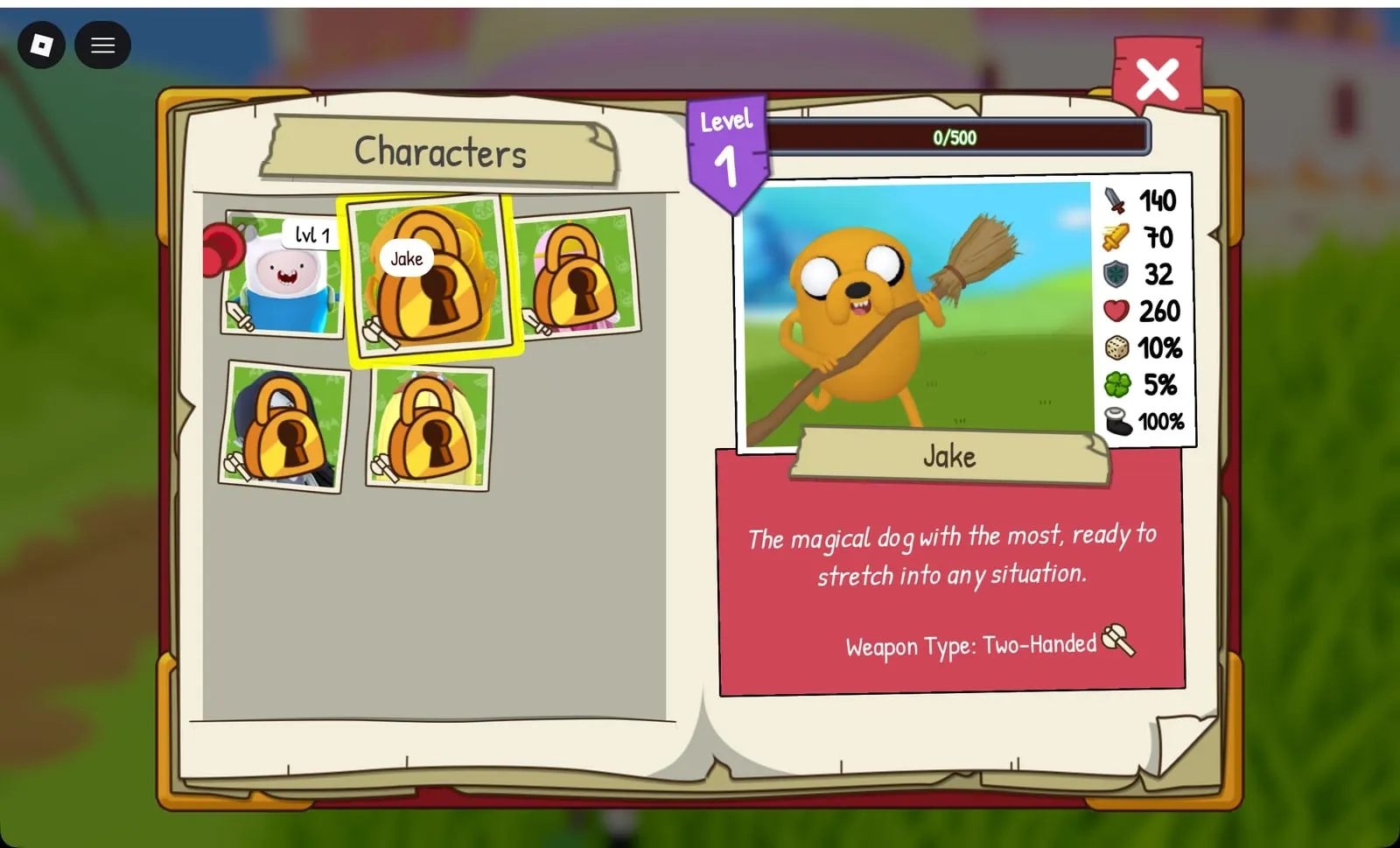 Adventure Time RPG Jake character card, locked, Two-Handed