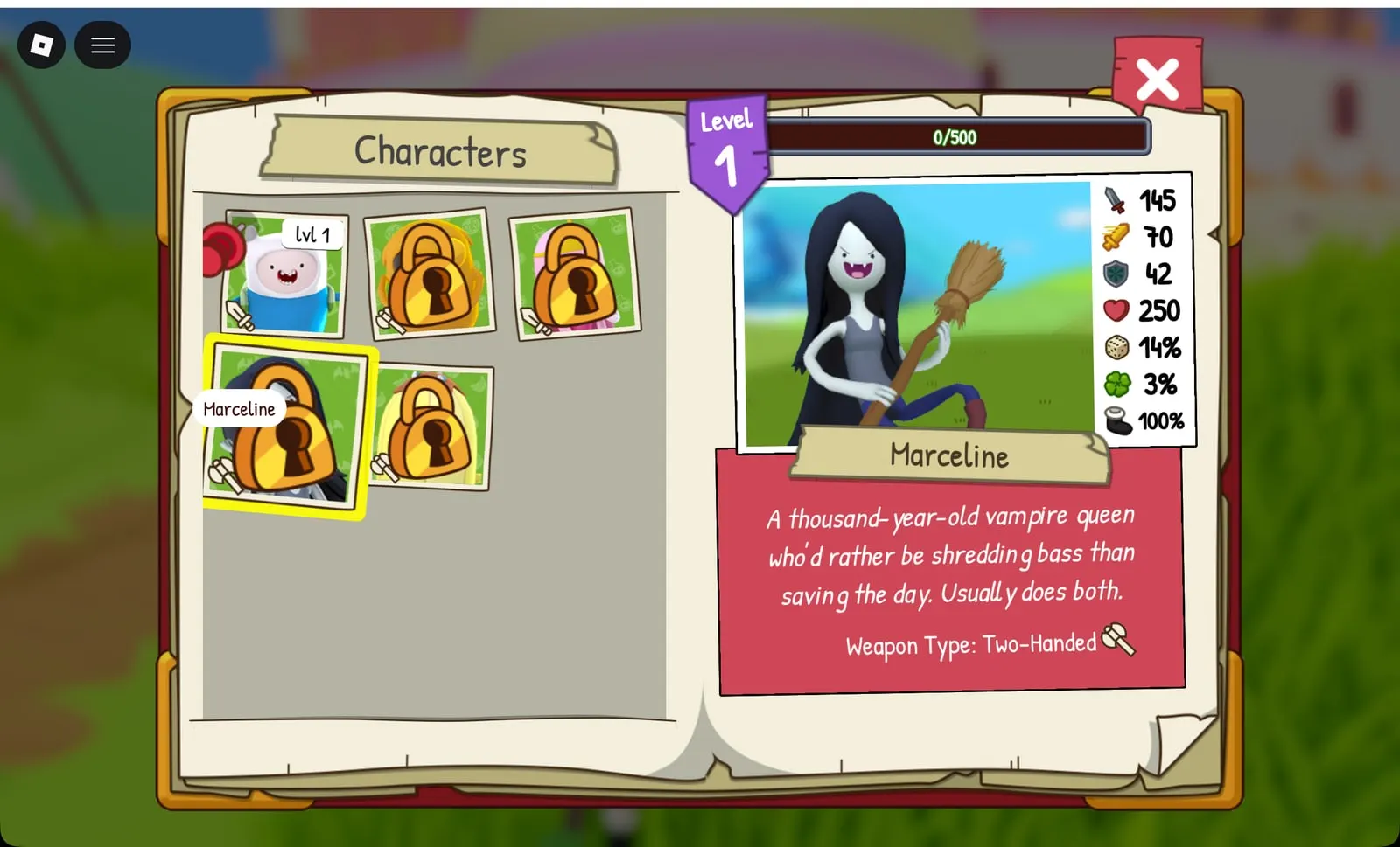 Adventure Time RPG Marceline character card, locked