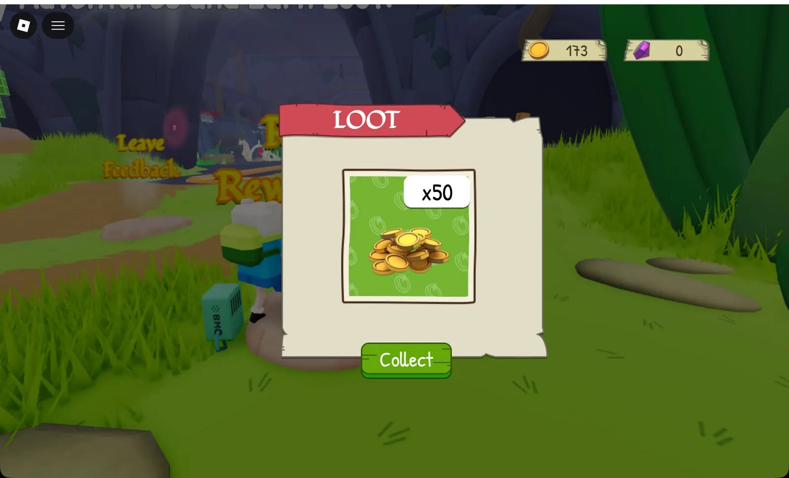 Adventure Time RPG LOOT card showing x50 Coins after redeeming COINS50