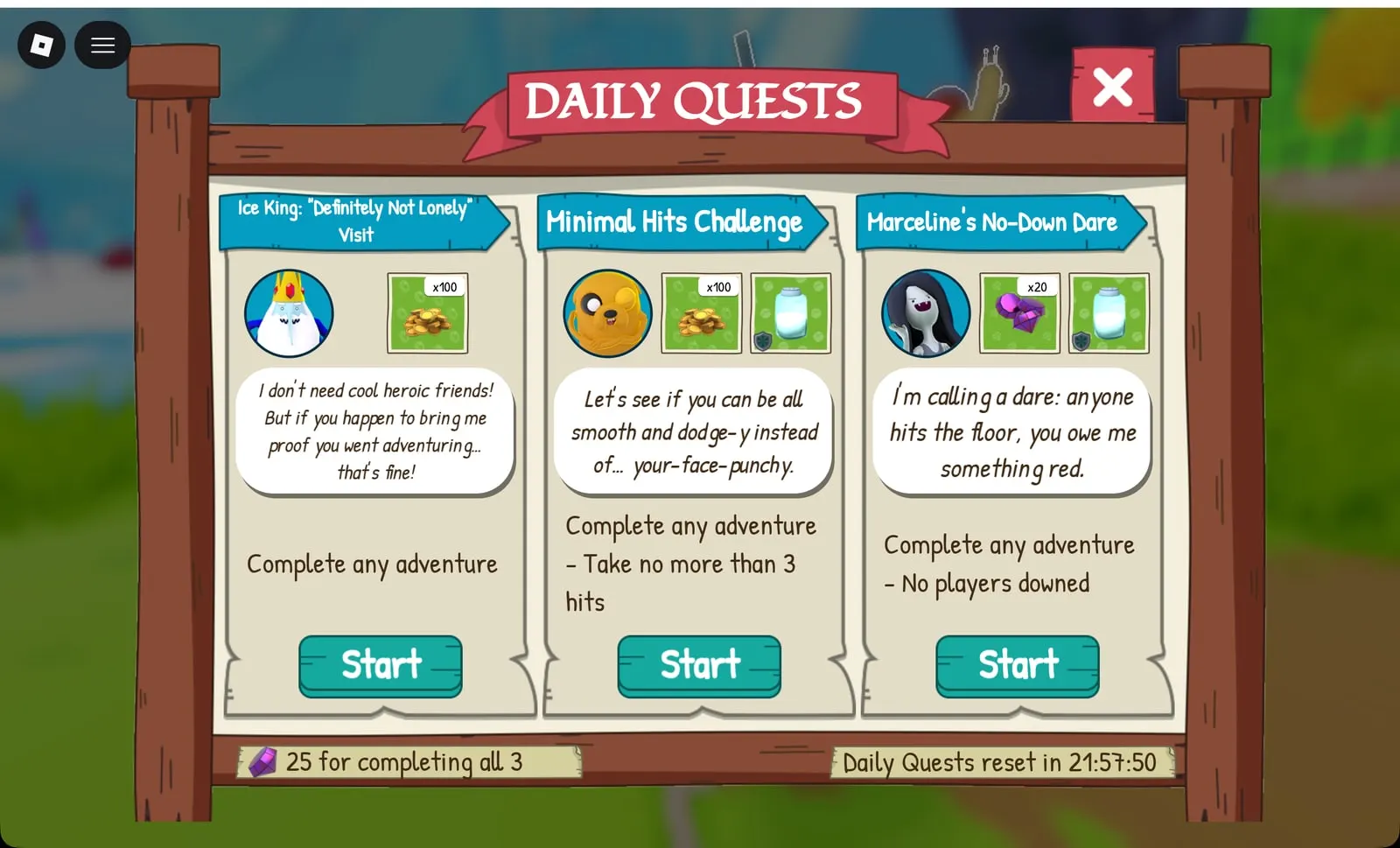 Adventure Time RPG daily quests notice board with three quests and a 25 Gem bonus