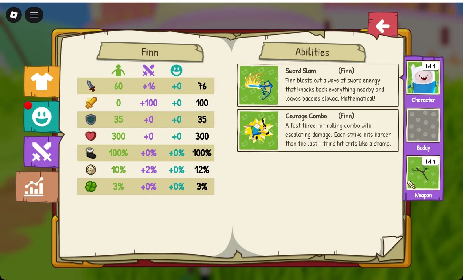 Adventure Time RPG Finn abilities: Sword Slam and Courage Combo