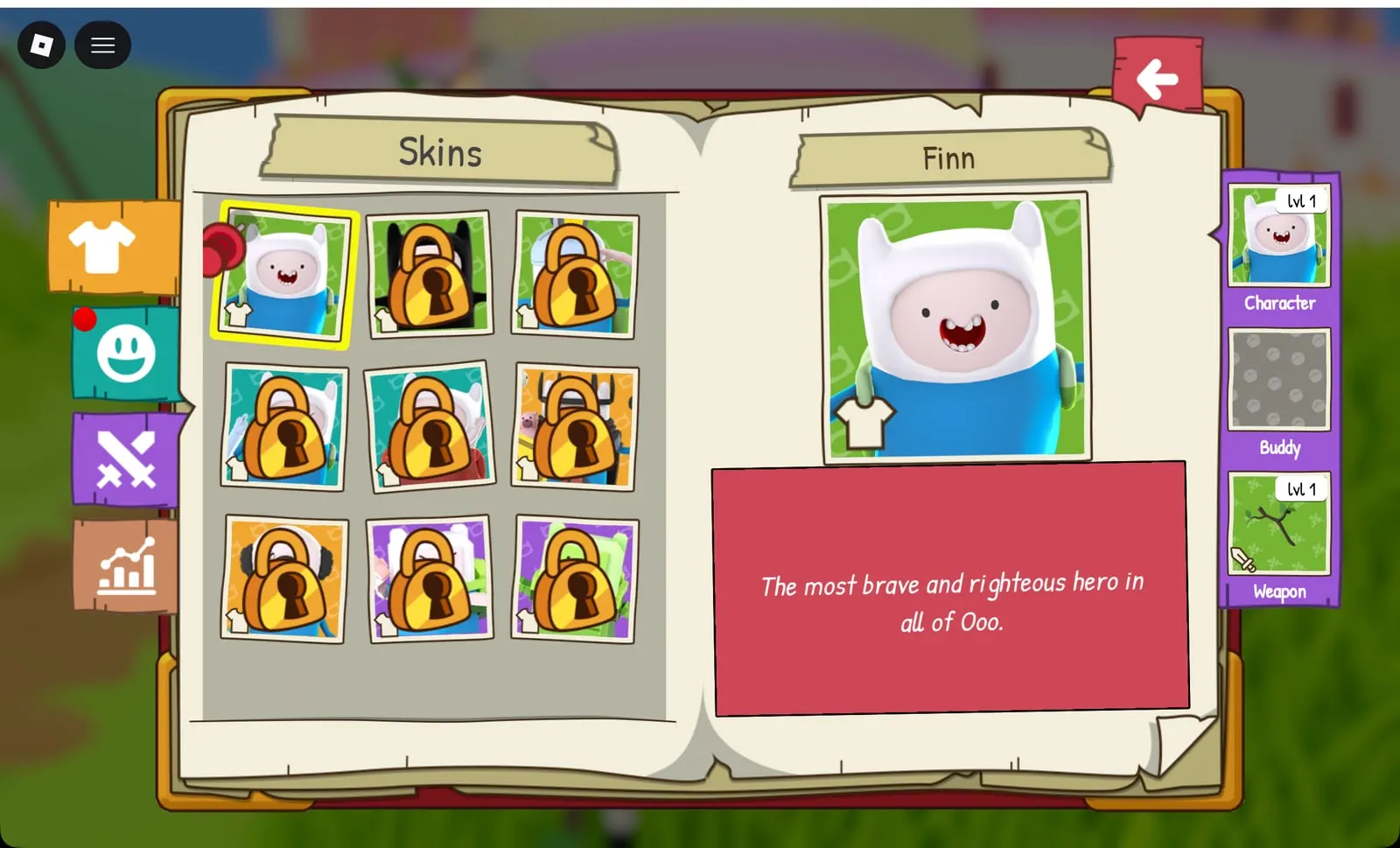 Adventure Time RPG Finn skins page: zero stats, pure style