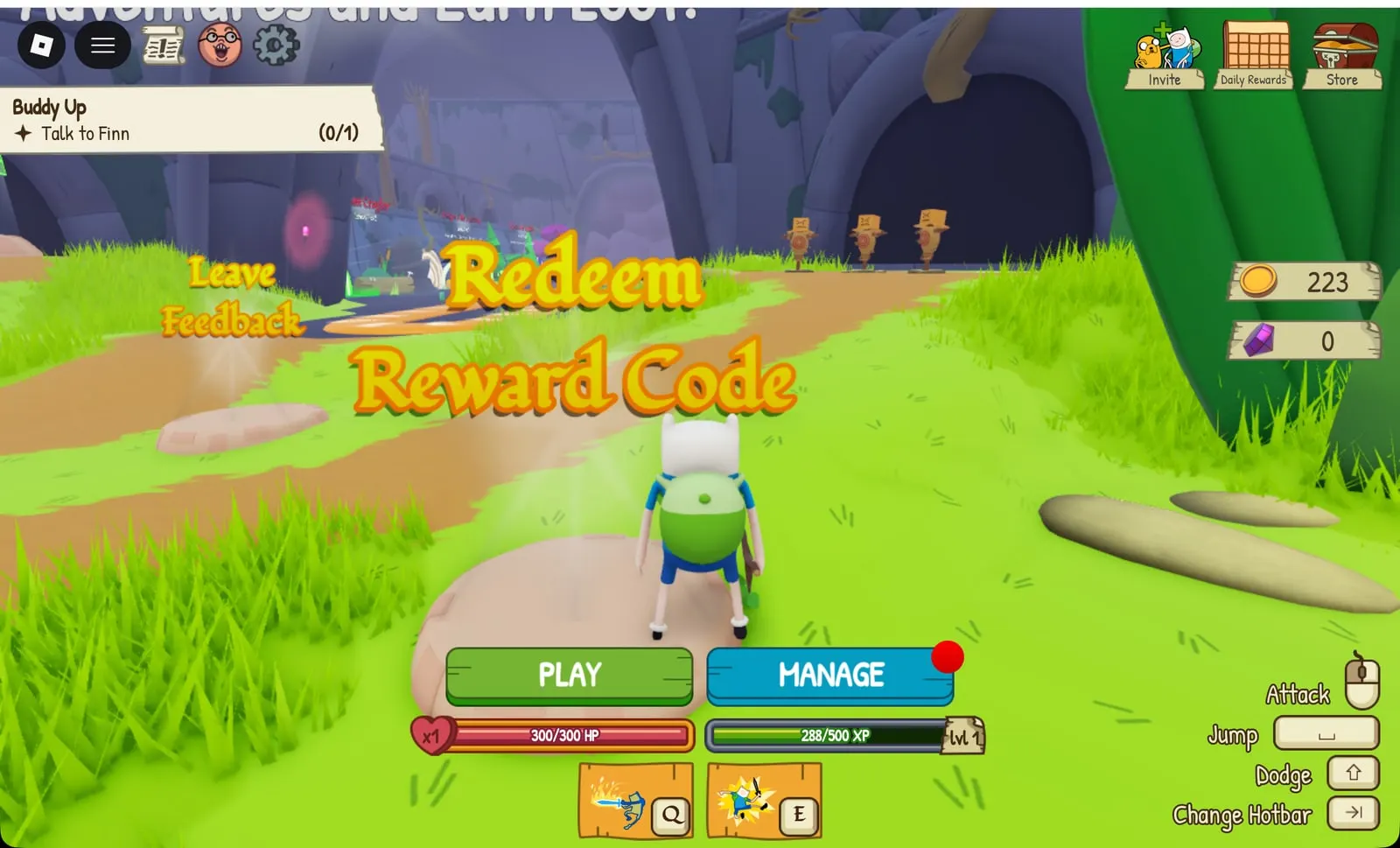 Adventure Time RPG main hub screen with Play, Manage, health and XP bars