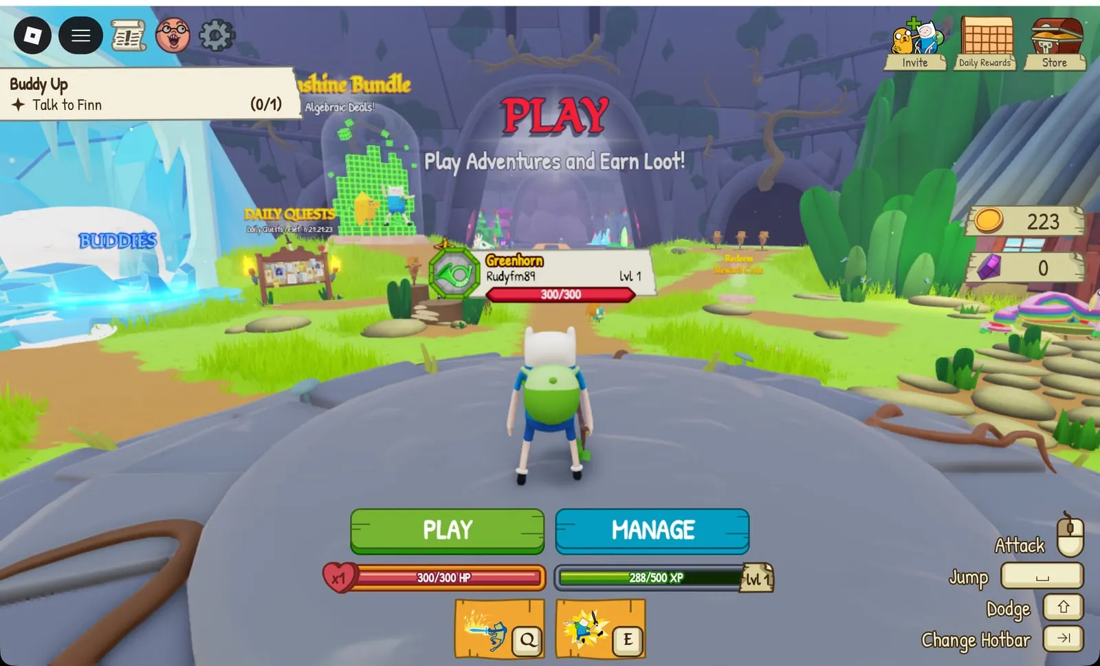 Adventure Time RPG hub with Finn, BMO and the Buddy Up quest tracker