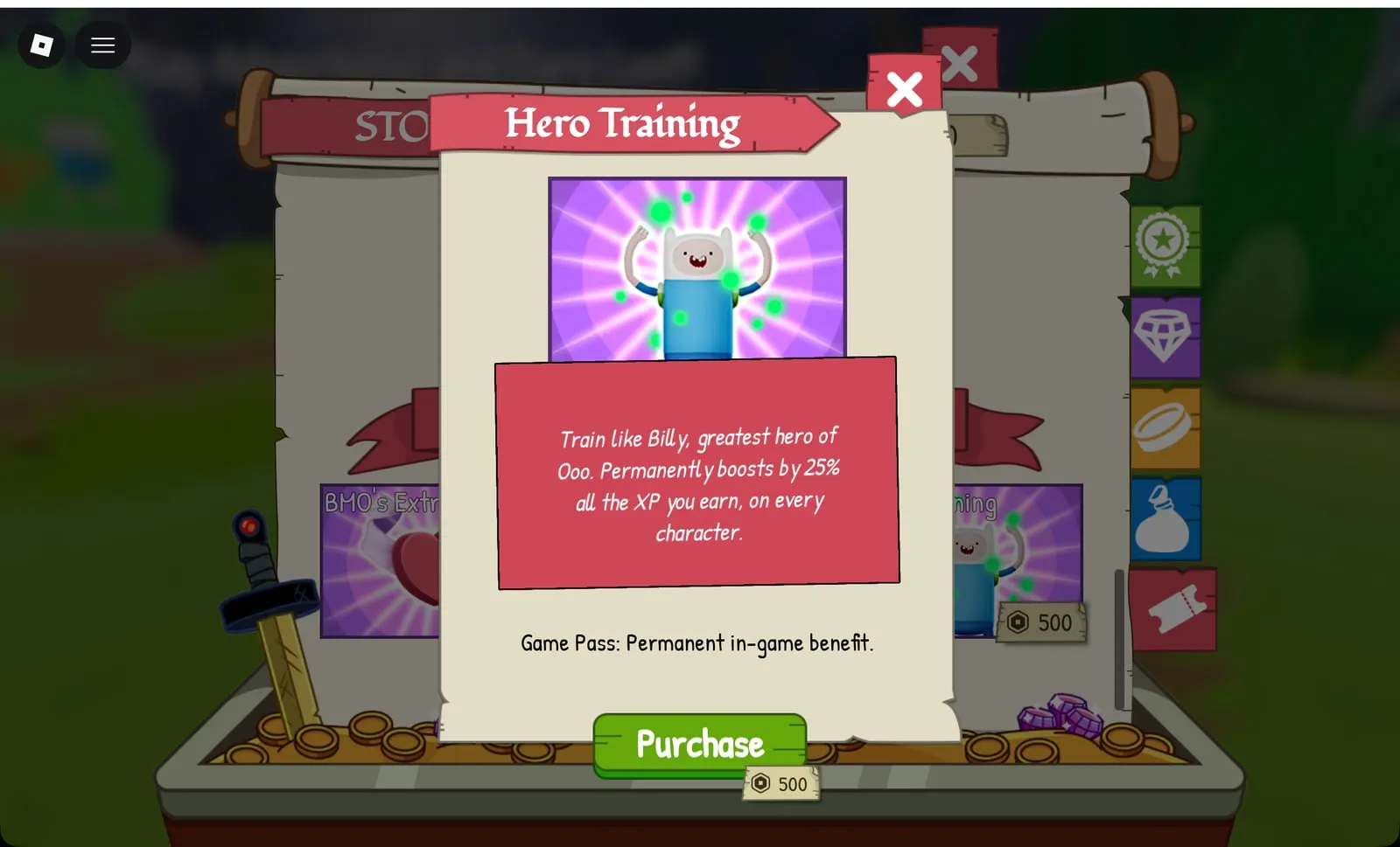 Adventure Time RPG Hero Training game pass: +25% XP on every character, 500 Robux
