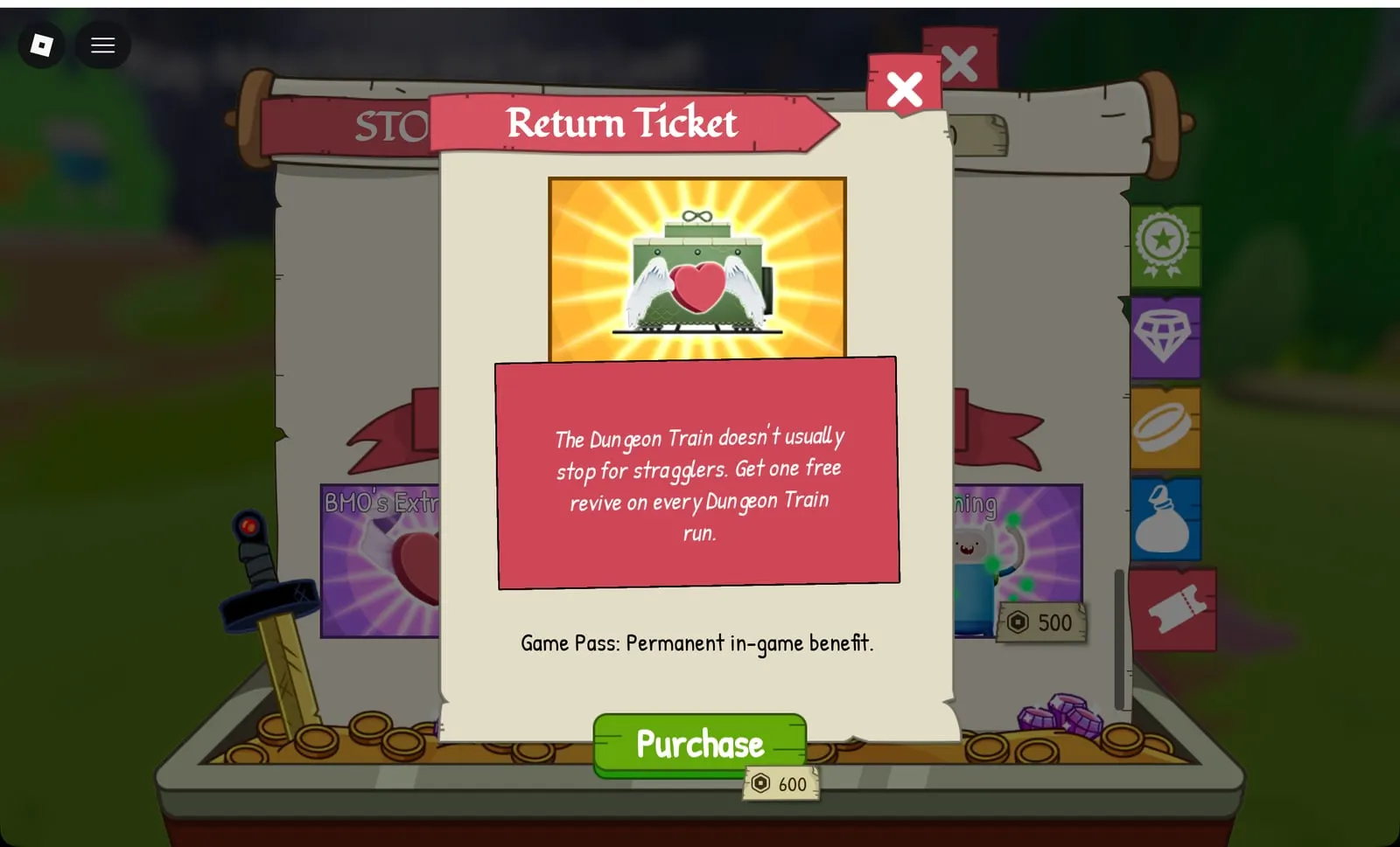 Adventure Time RPG Return Ticket game pass: one free revive per Dungeon Train run, 600 Robux