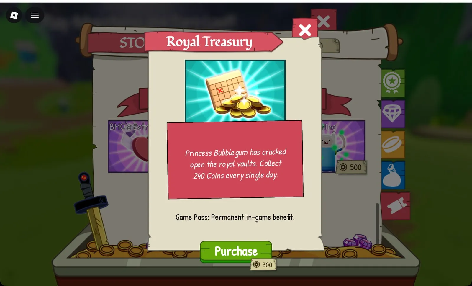 Adventure Time RPG Royal Treasury game pass: collect 240 Coins every day, 300 Robux