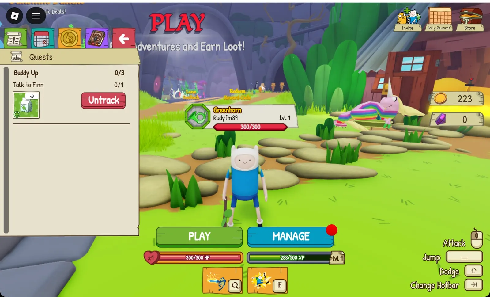 Adventure Time RPG quests sidebar with the Buddy Up main quest