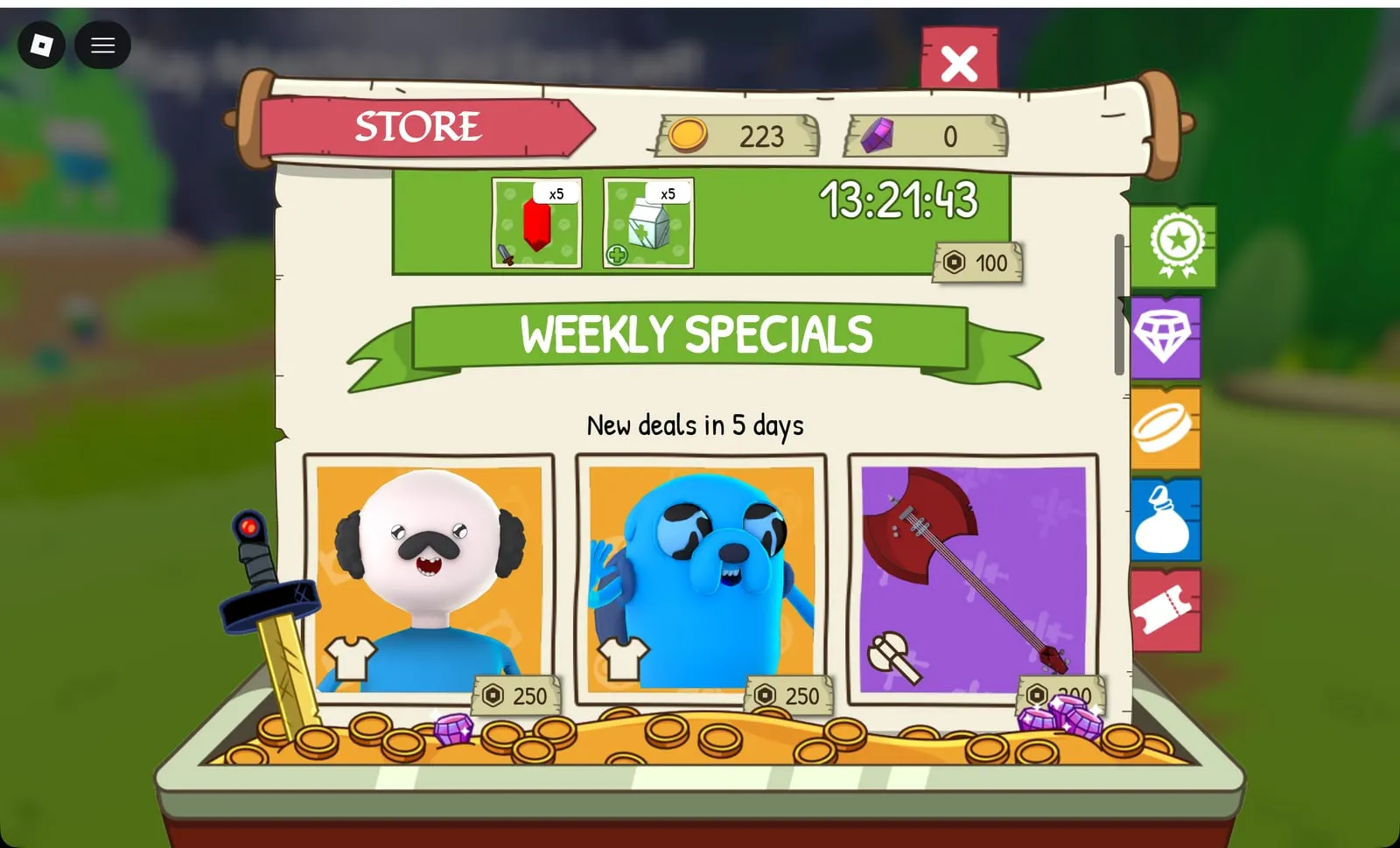 Adventure Time RPG store Weekly Specials with skins and a weapon