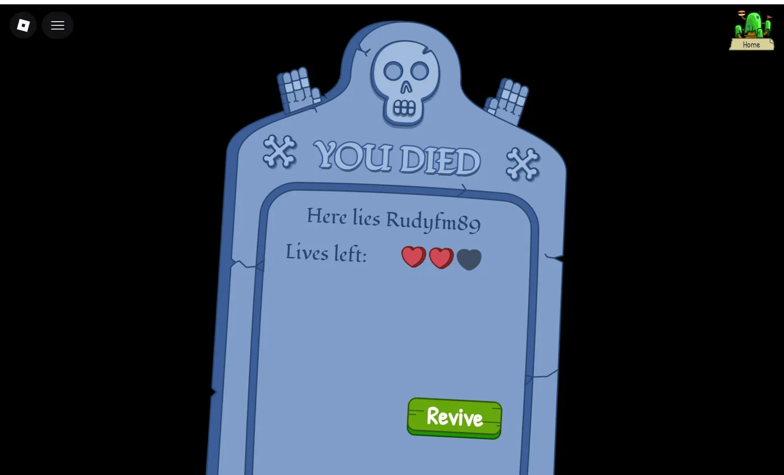 Adventure Time RPG You Died screen with lives left and a Revive button